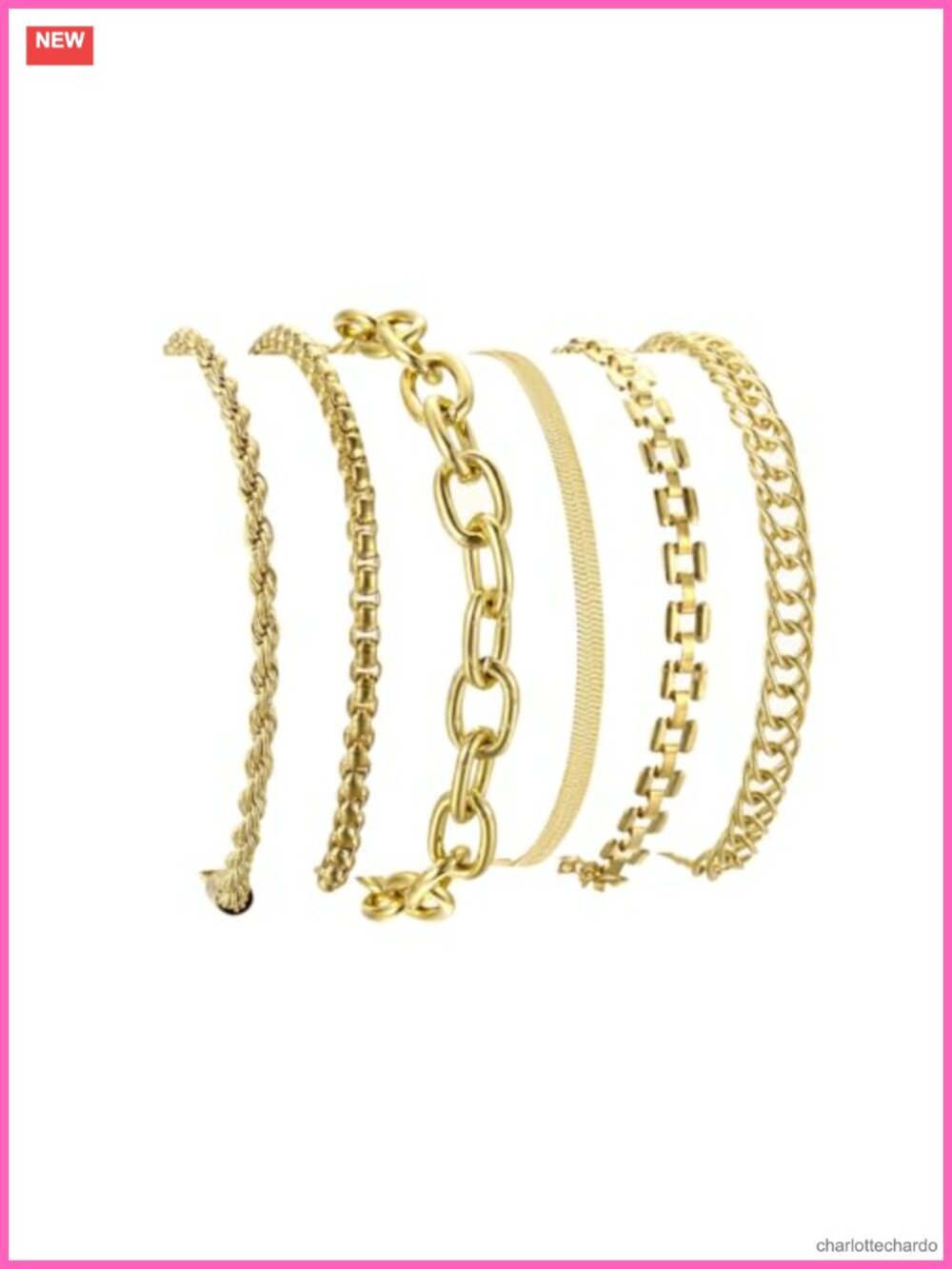 6 Pc 14K Gold Plated Adjustable Stackable Link Bracelet Set Women Non Tarnish